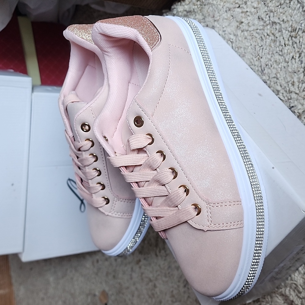 Pink Lace Up Fashion Sneakers w Glitter Heel Back & Rhinestone Band